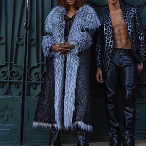 Luxury Long Black Coat with Silver Faux Fur Trim, Statement Winter Jacket Size M